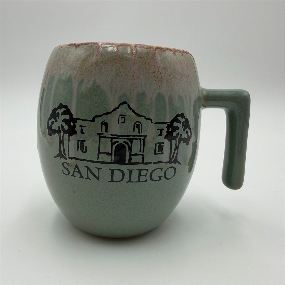 San Diego California Souvenir Pottery Mug Green‎ Teal Drip Glaze Large Cup